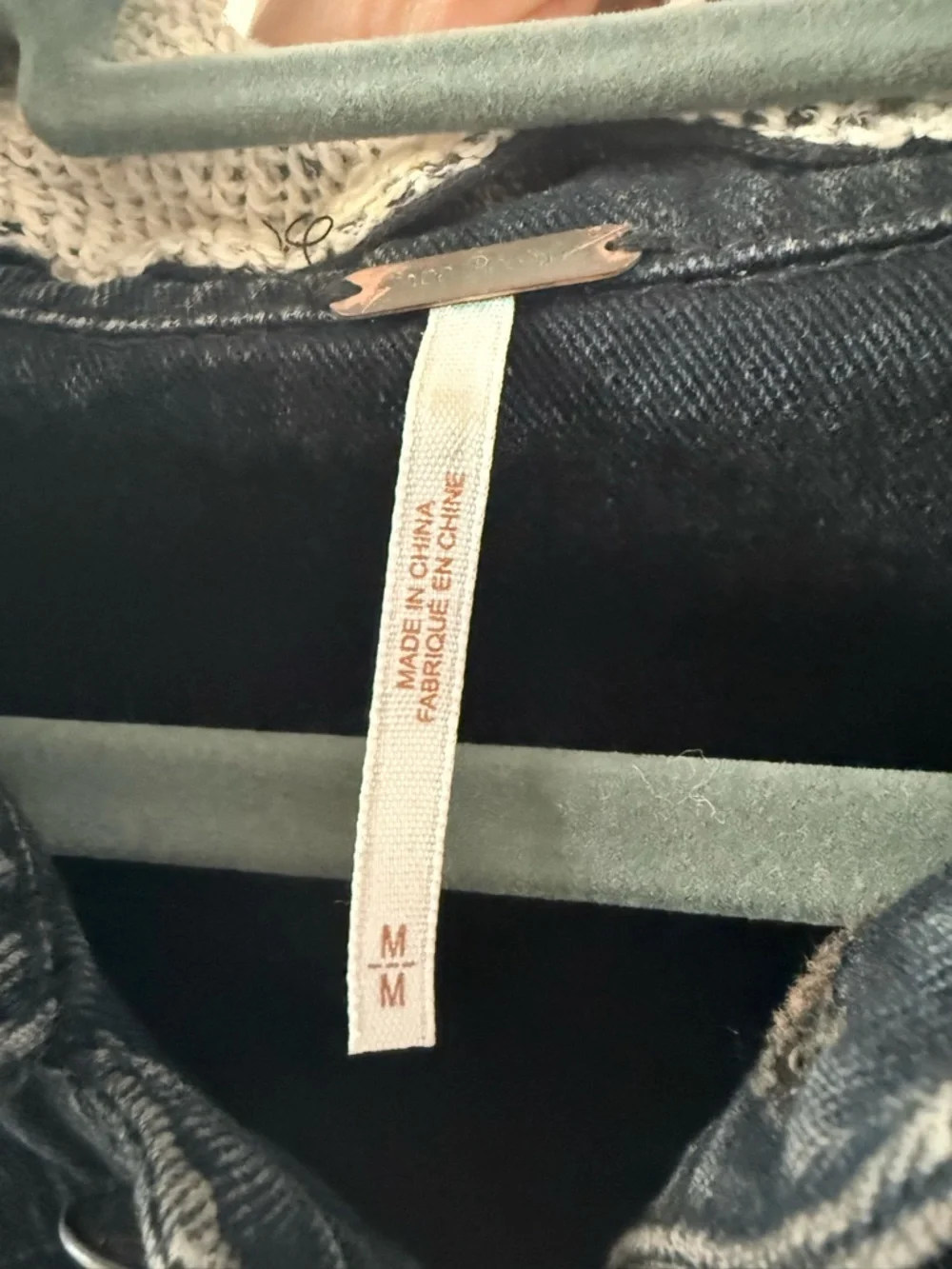 FREE PEOPLE Black Denim Jacket with Gray Hoodie Sleeves MEDIUM - Picture 3 of 3